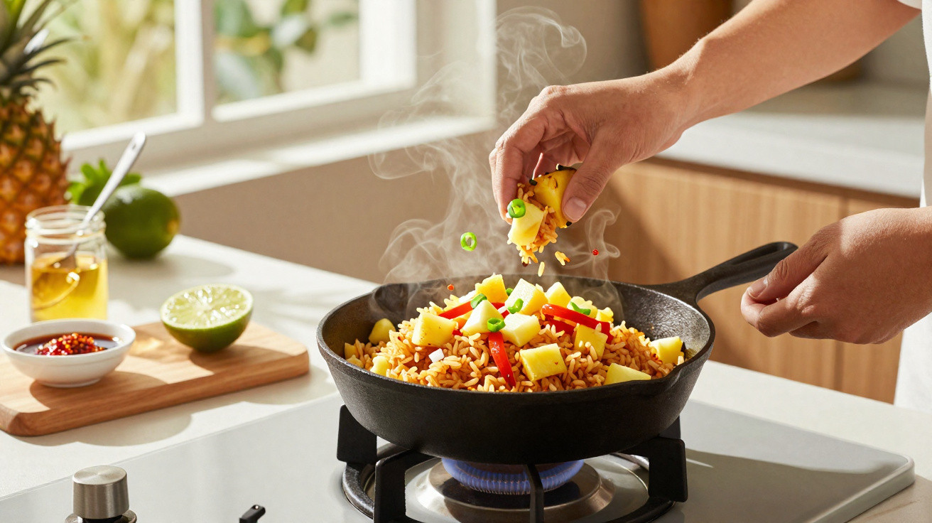 Pessoa a cozinhar arroz com ananás e legumes numa frigideira preta em fogão a gás.