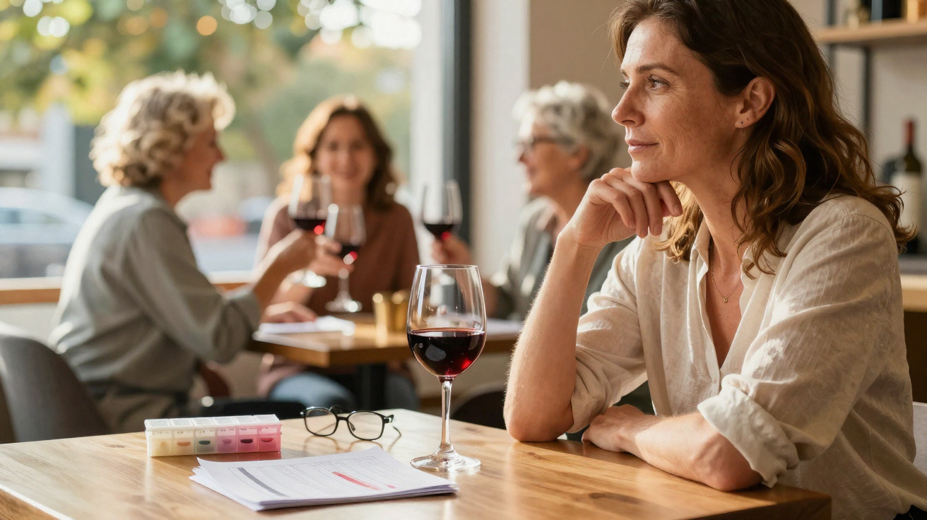 Mulher pensativa sentada à mesa com copo de vinho tinto, enquanto grupo ao fundo conversa animadamente.