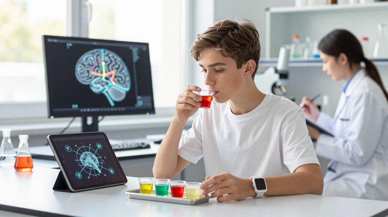 Jovem a beber líquido colorido num copo pequeno, com imagens de cérebro e ciência em ecrãs no laboratório.