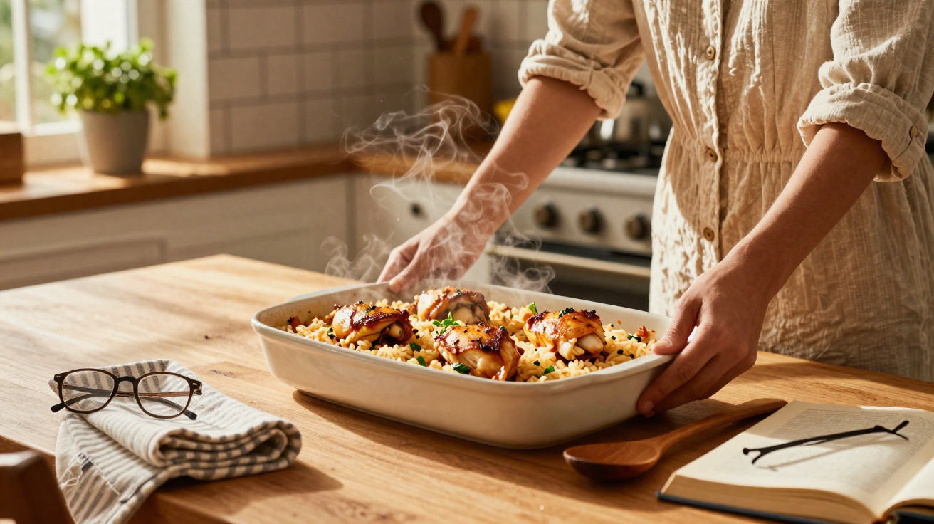 Pessoa a retirar do forno prato de vidro com arroz e frango fumegante numa cozinha iluminada.