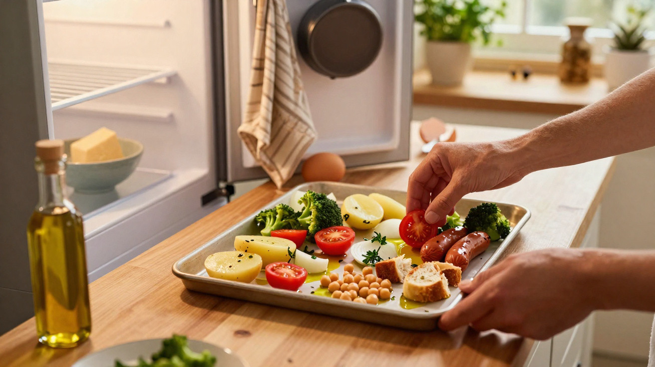 Pessoa a preparar tabuleiro com legumes e grão-de-bico junto a frigorífico aberto numa cozinha.