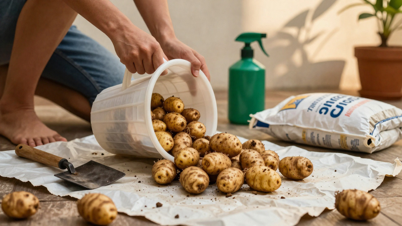 Mãos a verter batatas recém-recolhidas de um balde sobre uma superfície com terra, junto a utensílios de jardinagem.