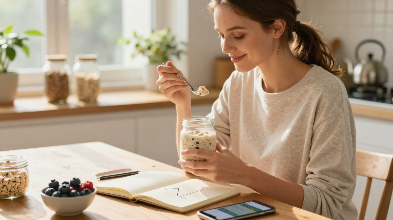 Mulher a comer iogurte com granola na cozinha, com frutos vermelhos e caderno à sua frente.