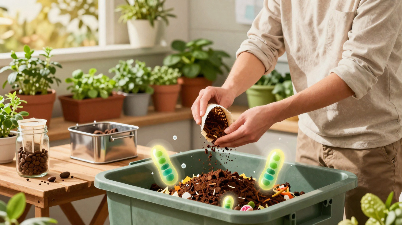 Pessoa a adicionar composto orgânico numa caixa de compostagem doméstica rodeada de plantas.