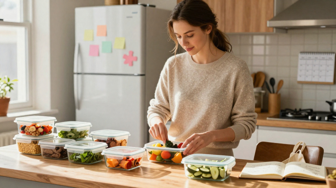 Mulher a preparar uma salada saudável numa cozinha luminosa, com várias caixas de alimentos na mesa.