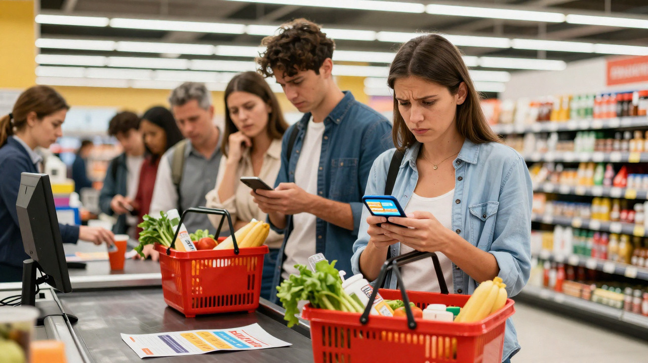 Mulher preocupada com telemóvel em fila de supermercado, carrinho com legumes e produtos variados.