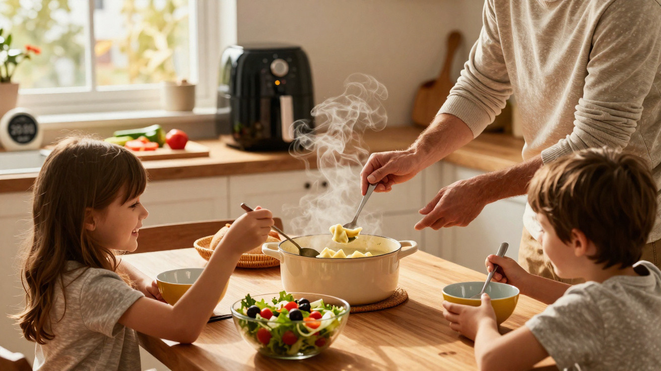 Pai a servir massa quente para dois filhos sorridentes sentados à mesa de madeira com salada e pão.