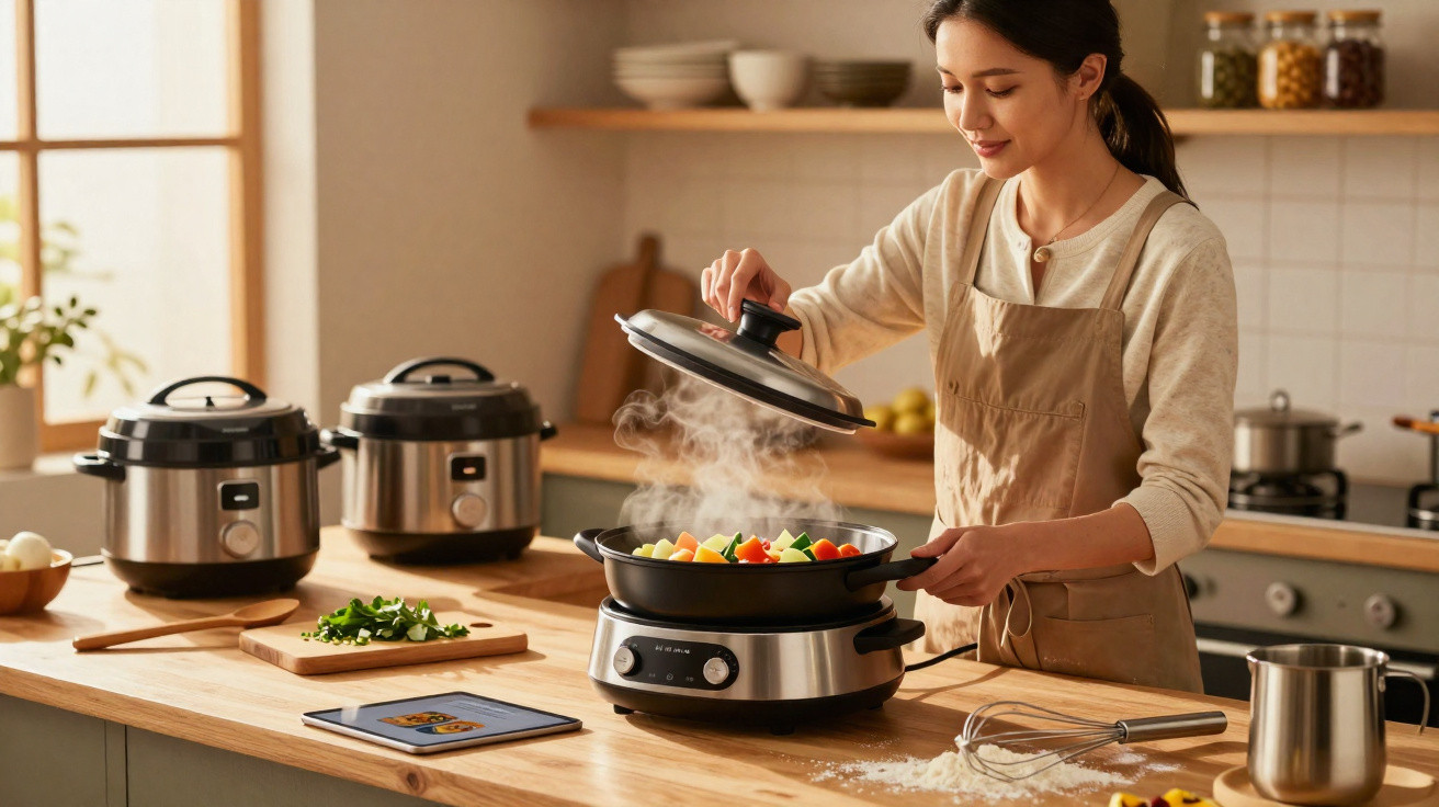 Mulher a levantar tampa de panela com alimentos a cozinhar numa cozinha moderna.