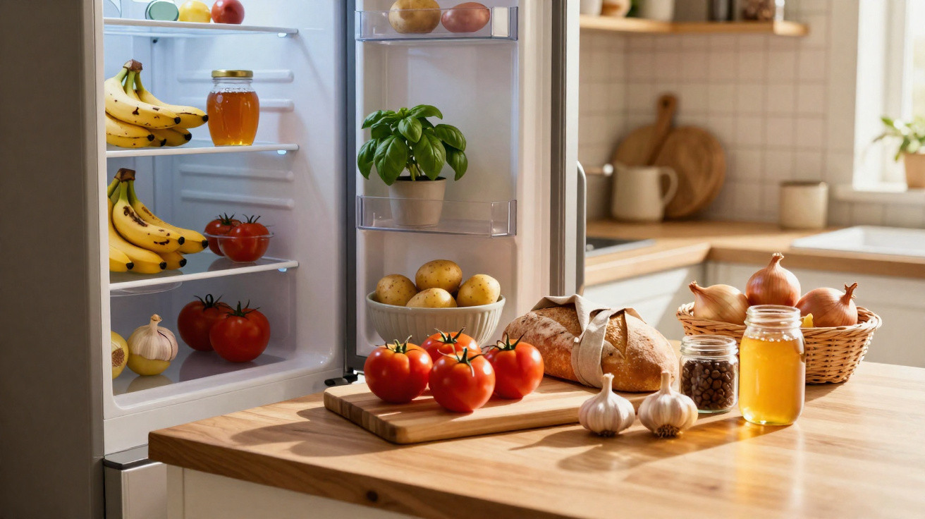 Frigorífico aberto com frutas e potes; bancada com pão, tomates, batatas, alho, cebolas e frasco de mel.