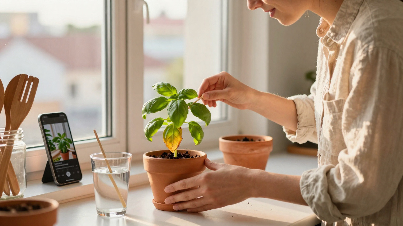 Pessoa a cuidar de planta de manjericão num vaso, com smartphone a tirar foto na janela da cozinha.