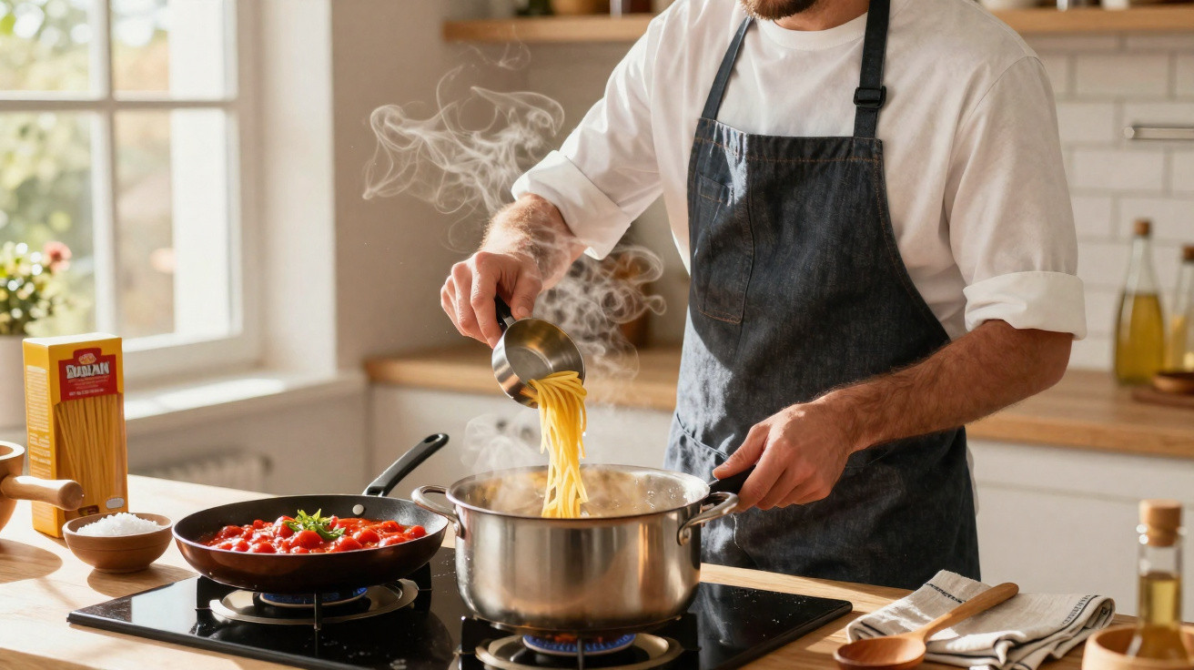 Pessoa a cozinhar massa numa panela enquanto uma panela com molho de tomate está no fogão.