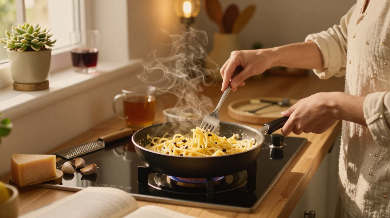 Pessoa a mexer massa a fumegar numa frigideira num fogão de indução numa cozinha acolhedora.