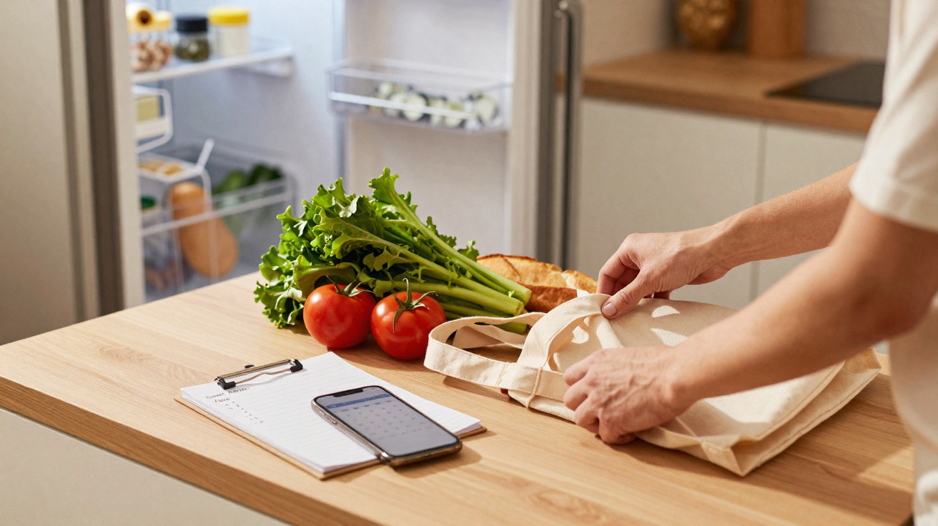 Pessoa guarda legumes e pão num saco reutilizável na cozinha, com lista de compras e telemóvel na bancada.