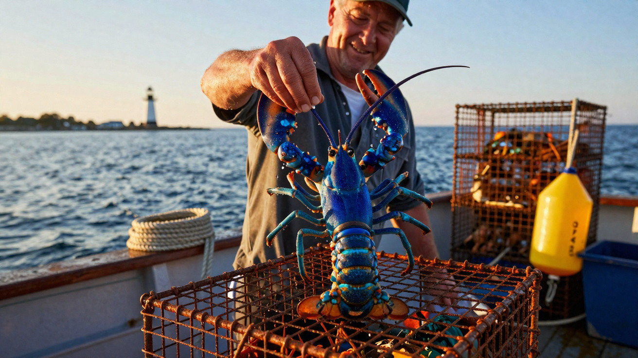 Pescador segura uma lagosta azul sobre armadilha no convés de barco com farol ao fundo.
