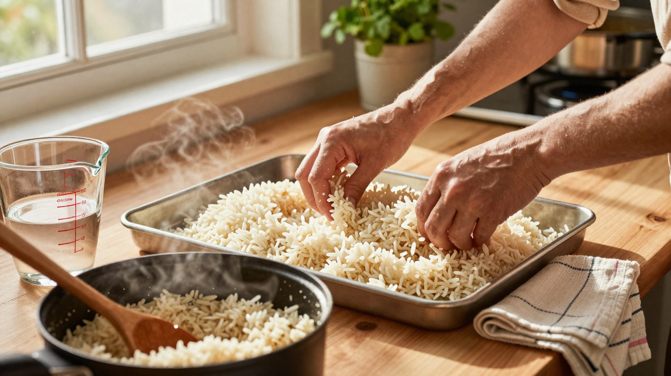 Mãos espalham arroz cozido numa travessa metálica numa cozinha iluminada, com panela fumegante e copo de água.