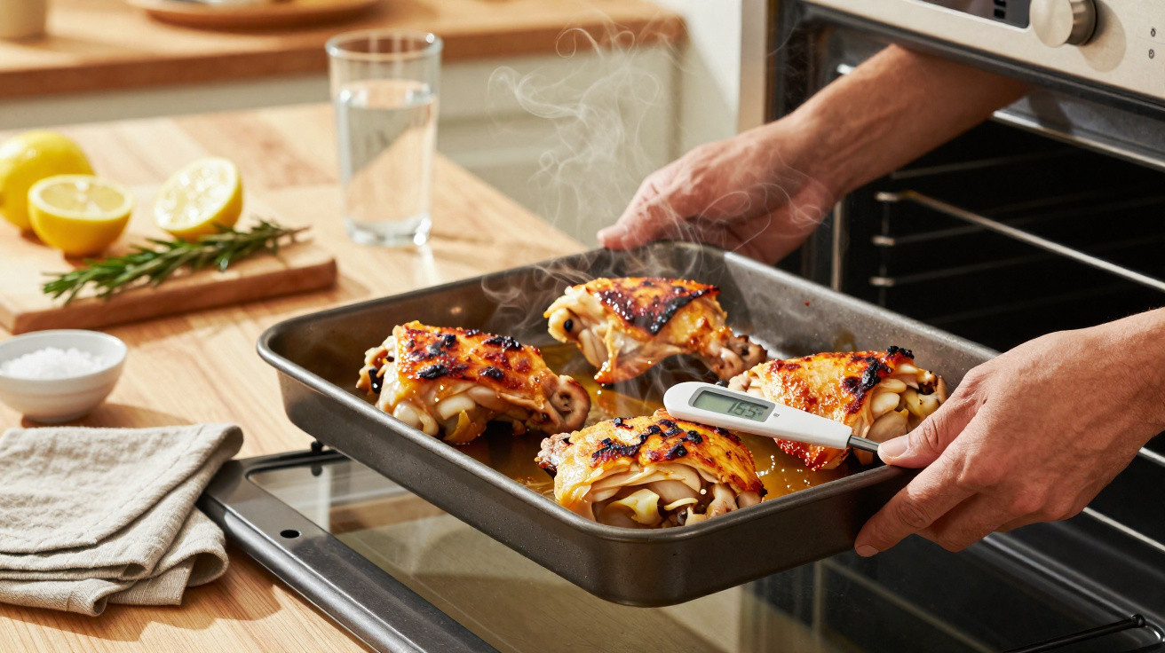 Pessoa a medir a temperatura de pedaços de frango assado numa assadeira com termómetro de cozinha.