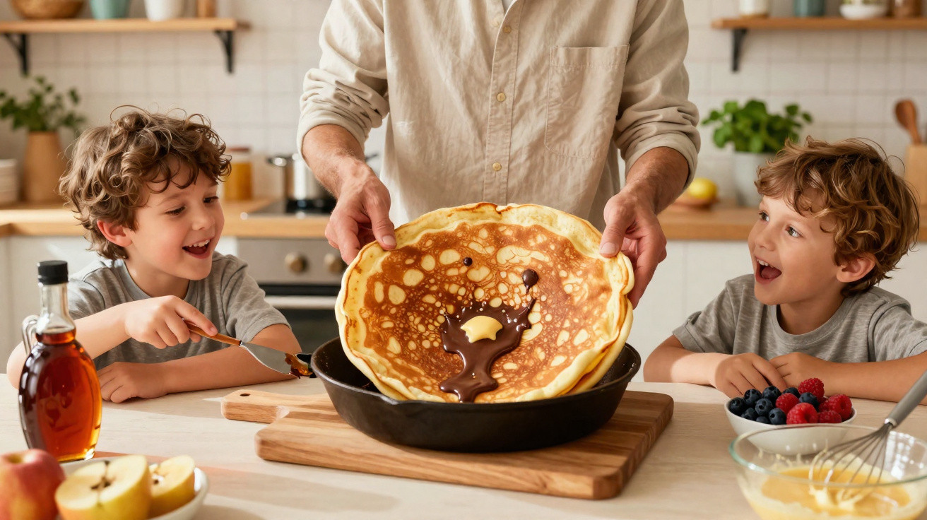 Pai a virar panqueca com chocolate na frigideira, dois meninos felizes com frutas na cozinha.