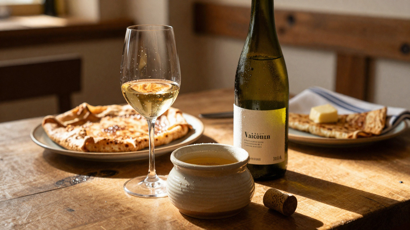 Mesa com crepe com manteiga, copo e garrafa de vinho espumante e uma chávena de bebida quente.