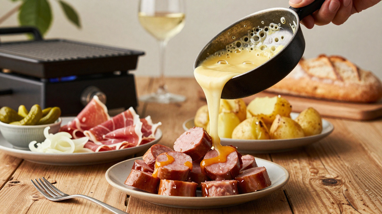Mãos a verter queijo fundido sobre batatas em tacho, com pratos de enchidos, presunto, pão e vinho sobre mesa de madeira.