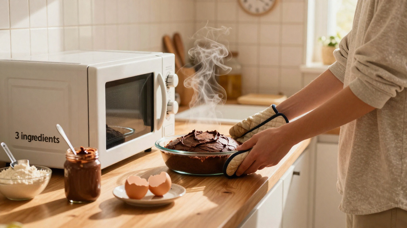 Pessoa com luvas a retirar bolo quente a sair do micro-ondas numa cozinha acolhedora.