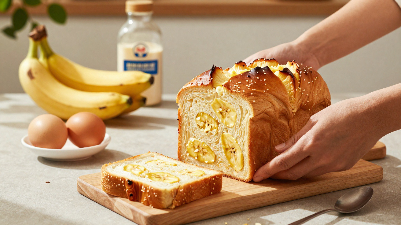 Pão de forma com pedaços de banana no interior, cortado em fatias sobre tábua de madeira.