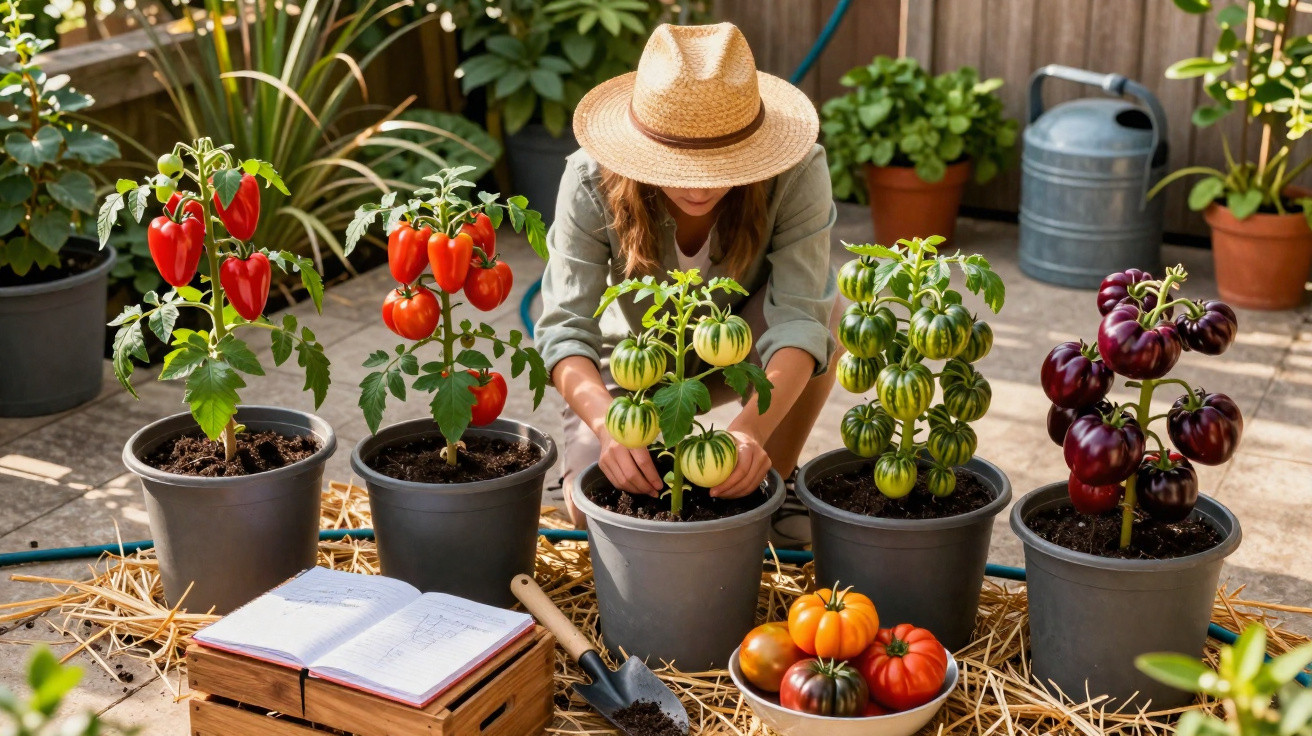 Pessoa com chapéu a cuidar de plantas de tomate e pimento em vasos num jardim urbano com ferramentas e regador.