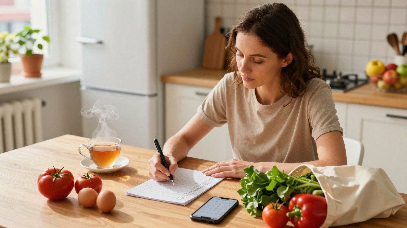 Mulher a fazer lista de compras na cozinha com legumes, ovos, chá e telemóvel numa mesa de madeira.