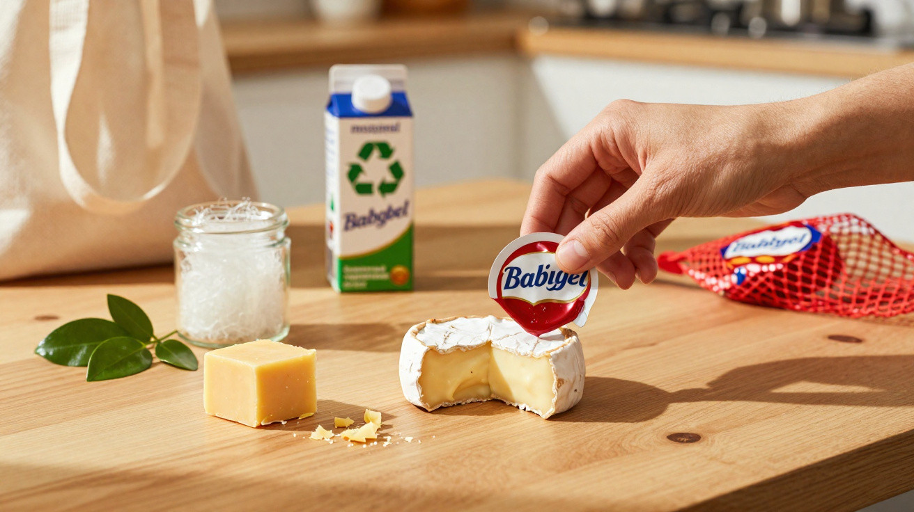 Queijo Babybel redondo cortado, mão retirando selo vermelho, bloco de queijo e embalagem ao fundo numa bancada de madeira.