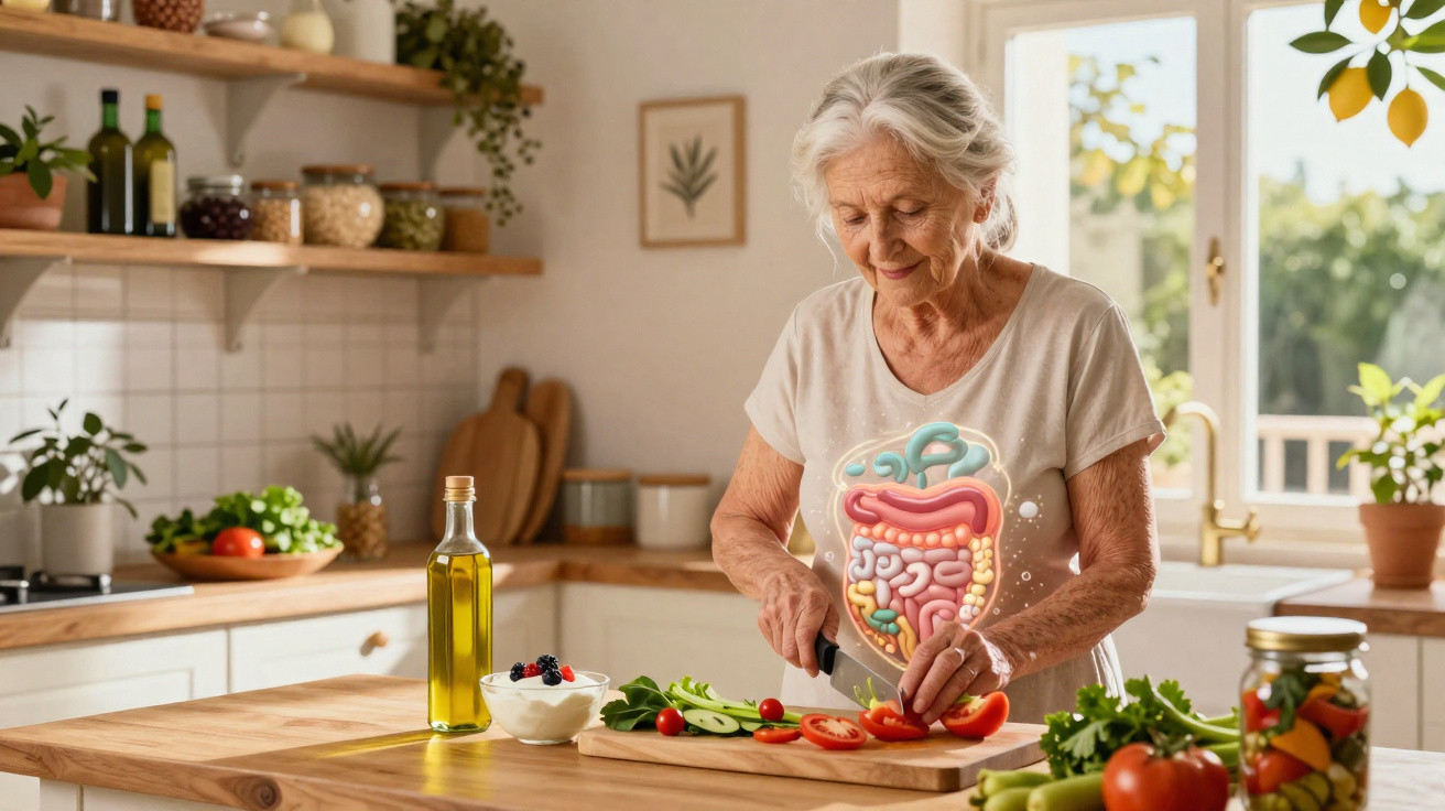 Idosa a preparar legumes numa cozinha iluminada com ilustração do intestino na tshirt.