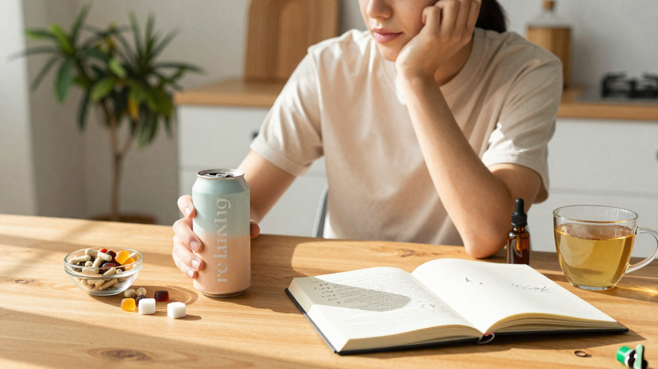 Jovem sentado à mesa com livro aberto, bebida, suplementos e chá numa cozinha acolhedora.