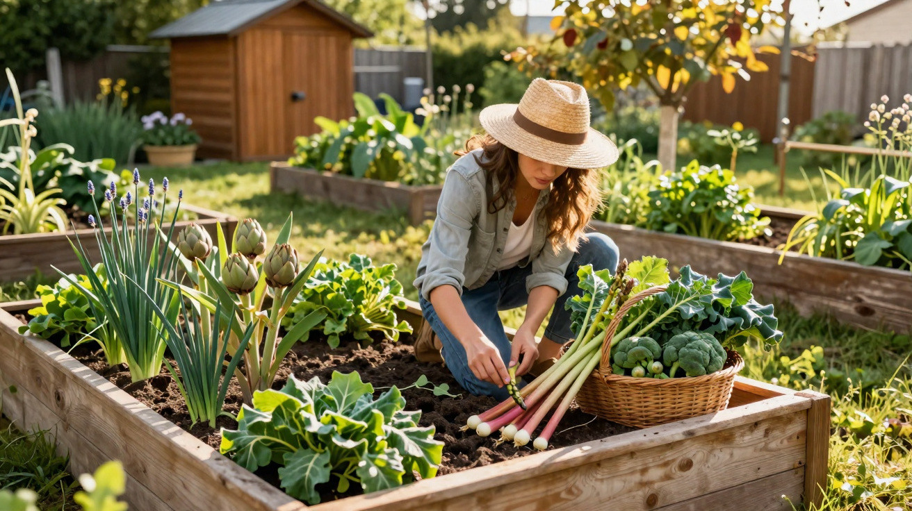 Mulher a cuidar de uma horta com vegetais frescos, usando chapéu de palha num dia soalheiro.