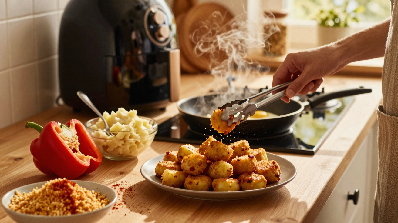 Mãos com pinças a colocar bolinhas fritas temperadas num prato numa cozinha com pimentos e comida ao fundo.