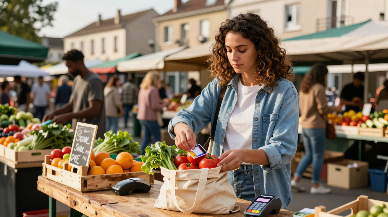 Mulher a pagar com cartão num mercado ao ar livre, colocando tomate numa sacola com legumes frescos.