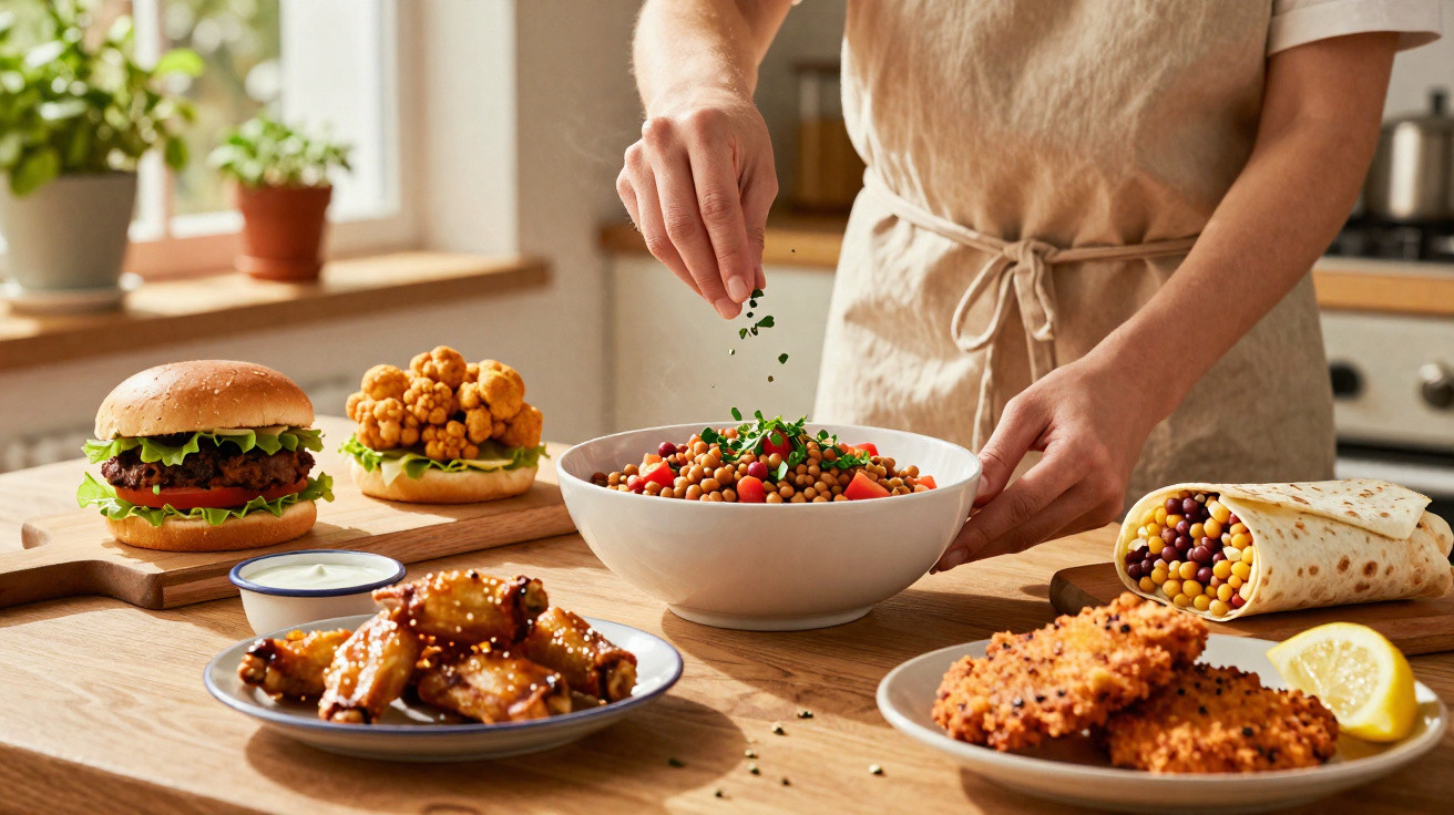 Pessoa a polvilhar ervas numa tigela de lentilhas com variedade de pratos vegetarianos numa mesa de cozinha.