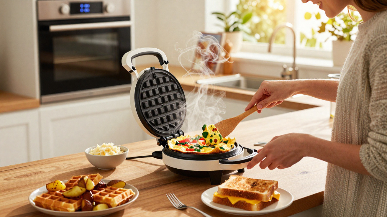 Pessoa a preparar uma omelete numa máquina de waffles na cozinha com torradas e waffles ao lado.
