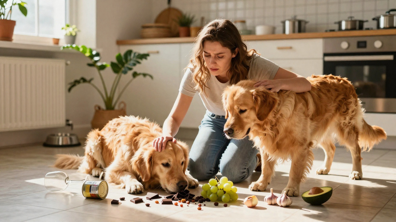 Mulher preocupa-se ao ver cão a comer alimentos perigosos no chão da cozinha.