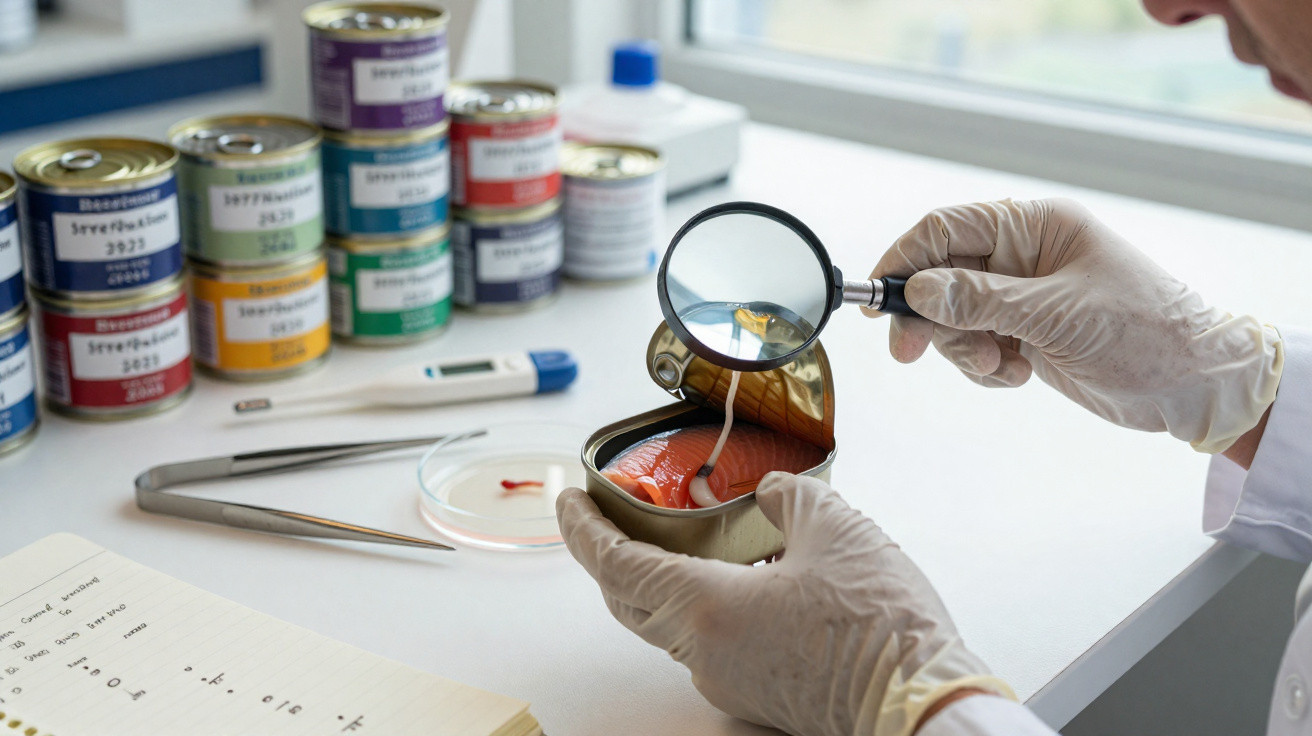 Mãos com luvas a examinar uma lata aberta com um pedaço de peixe e um verme usando uma lupa num laboratório.