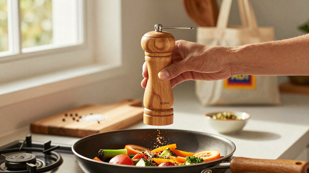 Mão a temperar legumes numa frigideira com moinho de madeira num ambiente de cozinha iluminada.