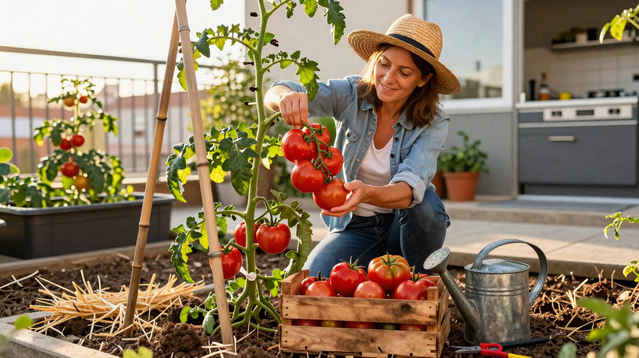 Mulher colhendo tomates vermelhos maduros numa horta urbana com chapéu de palha ao pôr do sol.