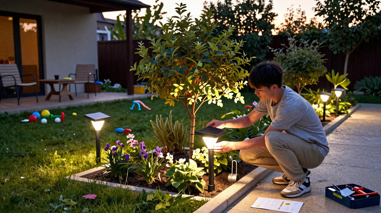 Jovem instalando luzes solares num jardim com plantas e flores ao entardecer.