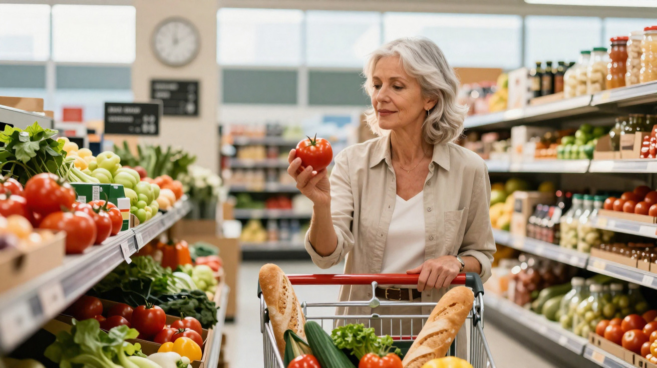 Mulher idosa a segurar tomate no supermercado com carrinho cheio de legumes e pão baguete.