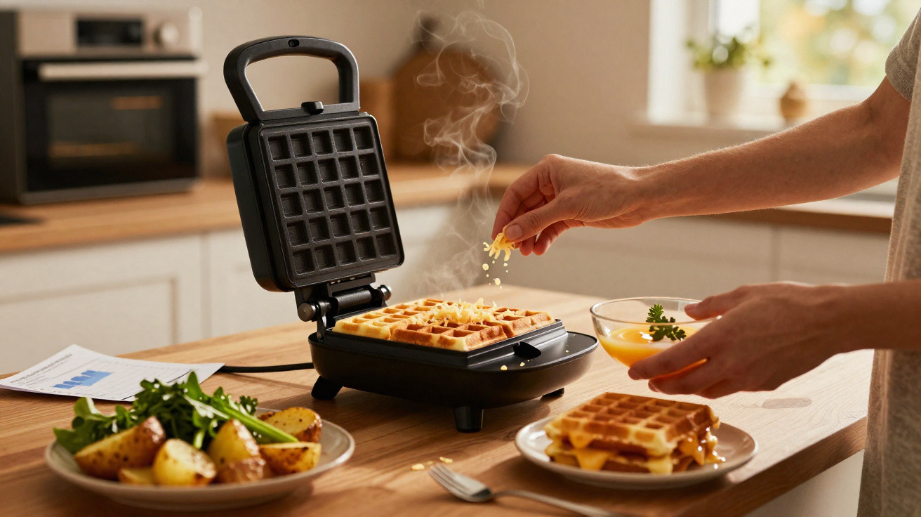 Máquina de waffles com waffle quente a ser polvilhado com queijo numa cozinha moderna.