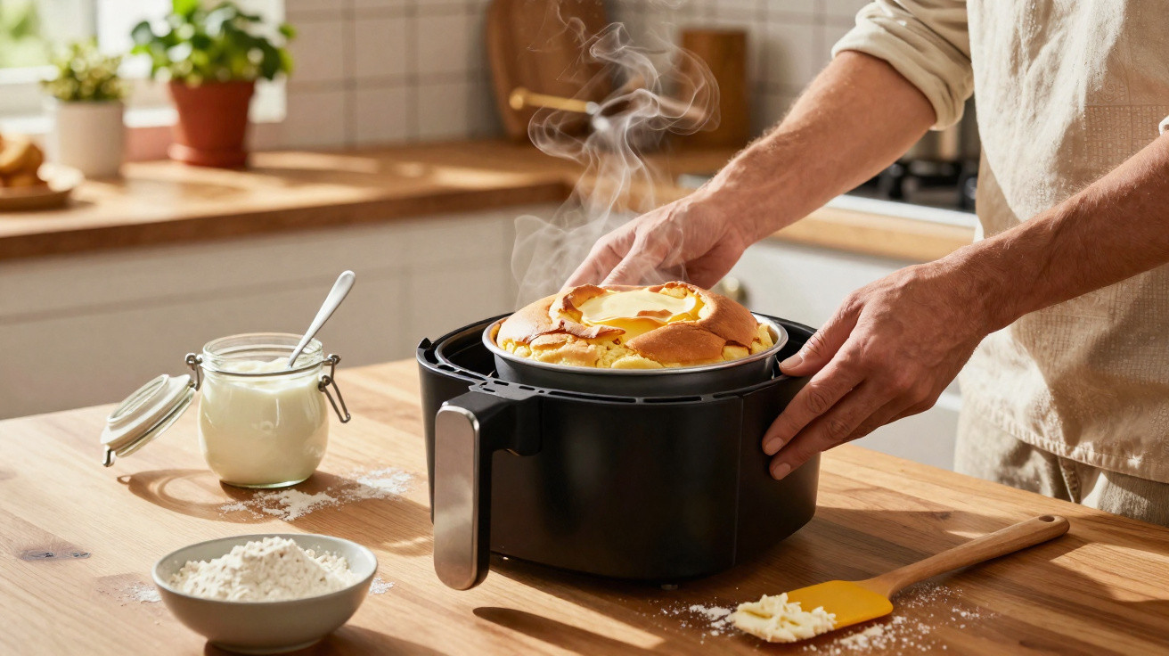 Pessoa a retirar bolo quente acabado de sair de uma fritadeira sem óleo numa cozinha.