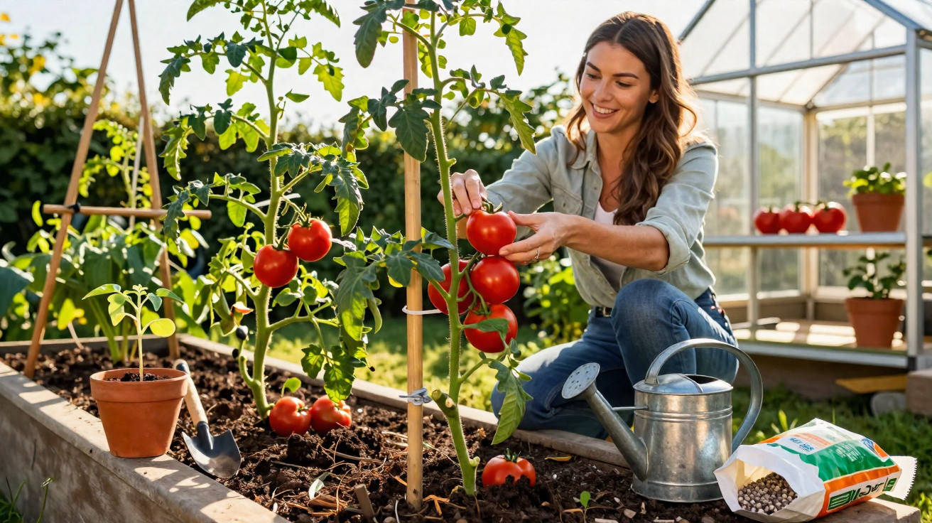 Mulher feliz a colher tomates maduros num jardim urbano com estufa ao fundo.