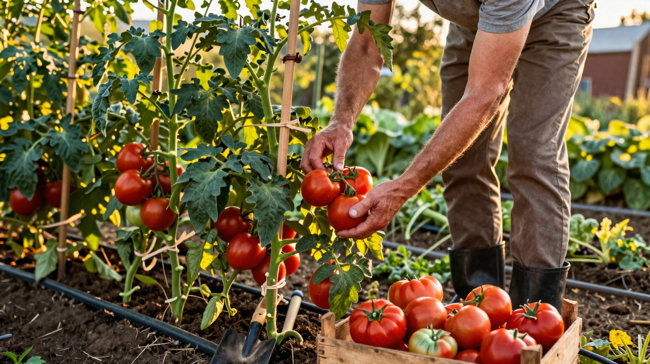Pessoa colhe tomates maduros numa horta, colocando-os numa caixa de madeira ao pôr do sol.