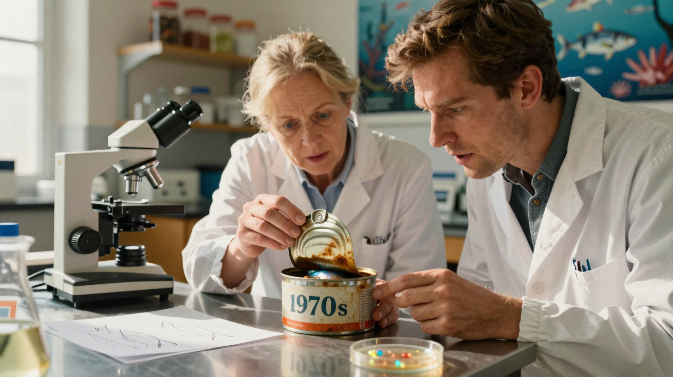 Dois cientistas surpreendidos a abrir uma lata marcada como "1970s" num laboratório.
