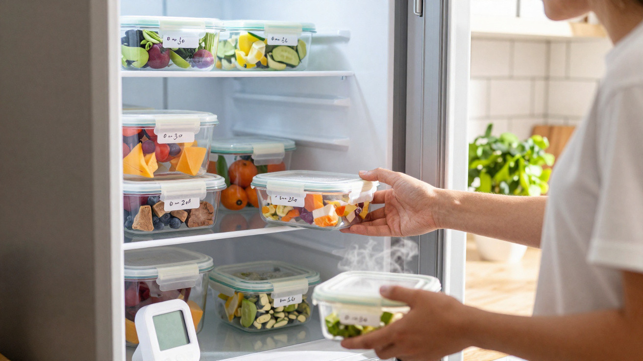 Mãos a guardar recipiente com legumes frescos no frigorífico organizado com vários recipientes transparentes.