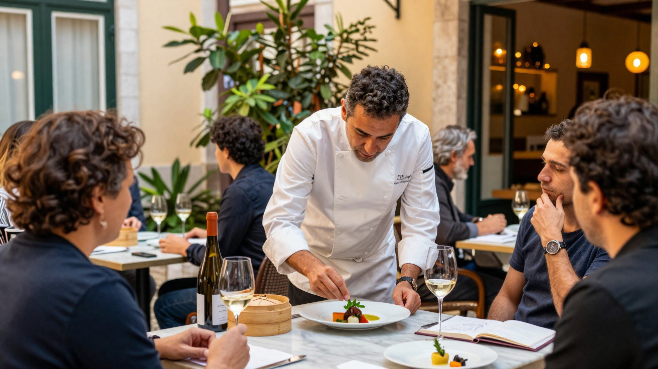 Chef a servir prato elaborado a dois clientes num restaurante elegante com ambiente acolhedor e plantas.