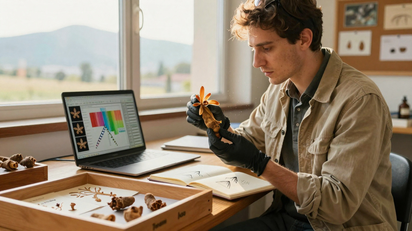 Homem com luvas analisa flor seca, computador e livros com amostras botânicas na mesa de trabalho.